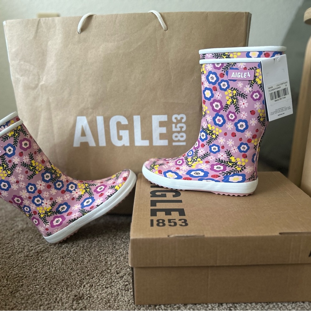 Aigle Pink and Blue Rain & Snow Boots Floral Design